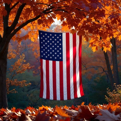 American flag among autumn leaves