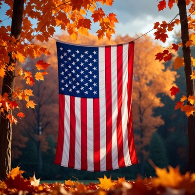 Flag hanging in fall forest