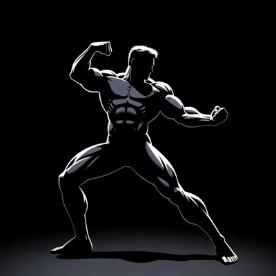Strong pose of a muscular figure in black