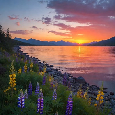 Sunset over lake with flowers