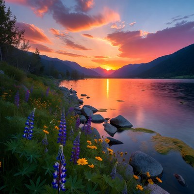 Sunset over lake with flowers