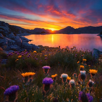 Colorful sunset by the lake