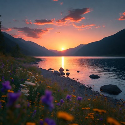 Sunset over the mountain lake