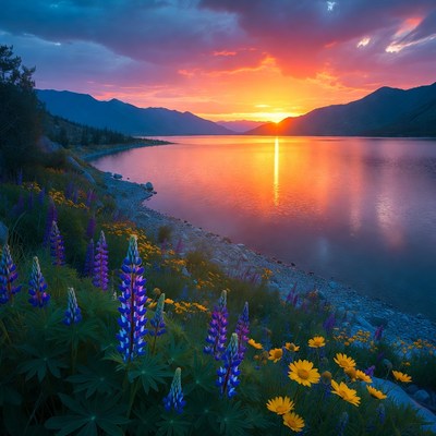 Sunset over lake with flowers