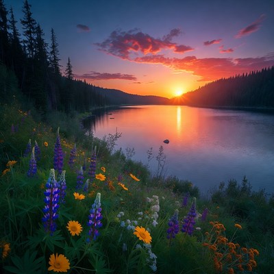Sunset over the lake with flowers