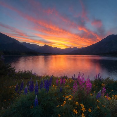 Sunset over lake with flowers