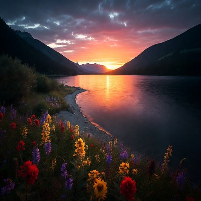 Sunset over mountain lake with flowers