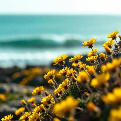 Bright yellow flowers by the ocean