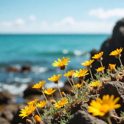Yellow flowers grow near the ocean