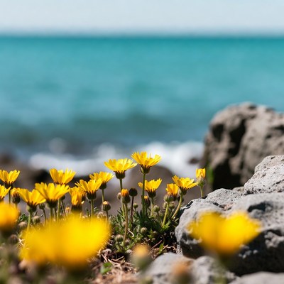 Yellow flowers by the ocean