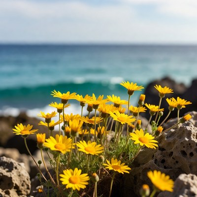 Yellow flowers by the ocean