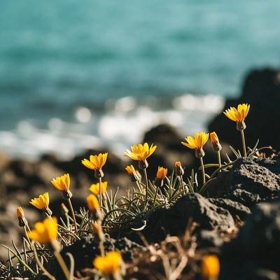 Yellow flowers by the ocean