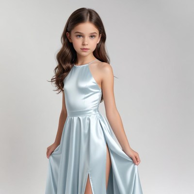 Young girl in blue dress posing indoors