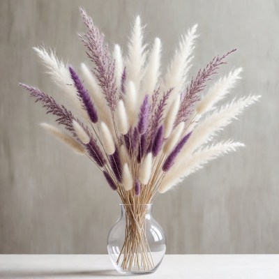 Pampas grass arrangement with purple accents