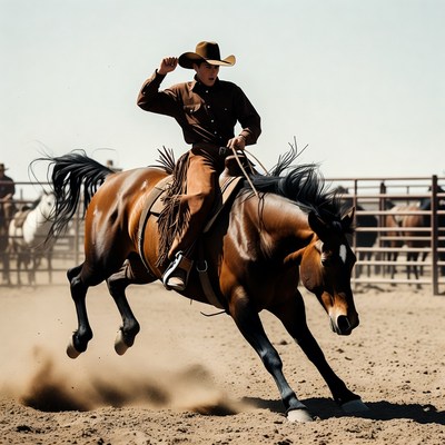 Cowboy rides horse in rodeo event