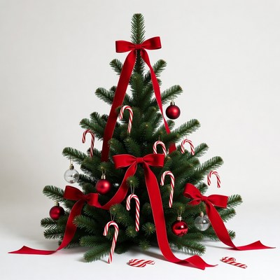 Christmas tree with decorations and ribbons