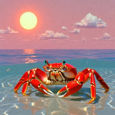 Crab on beach at sunset