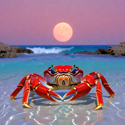 Crab on sandy beach at sunset