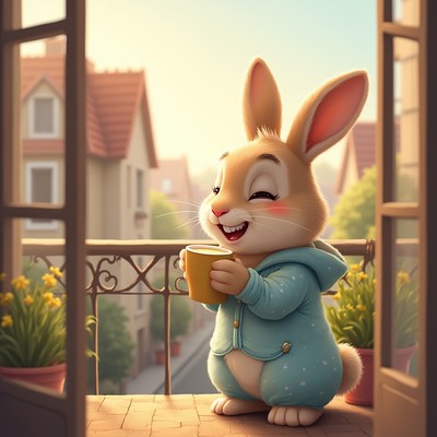 Rabbit enjoys drink on balcony