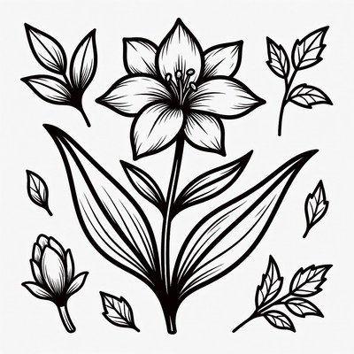 Flower and leaf line drawing design