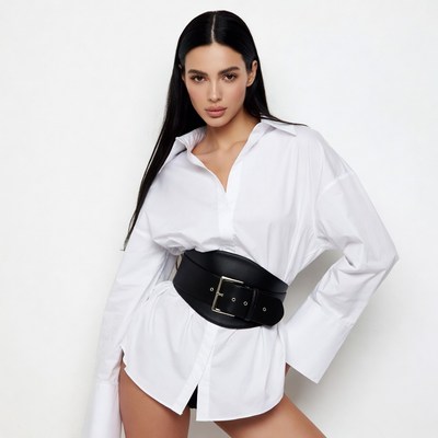 Model in white shirt with black belt