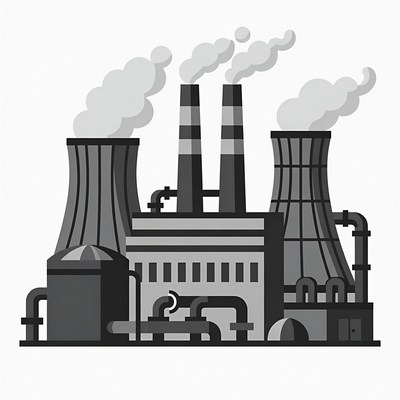 Power plant with cooling towers and pipes