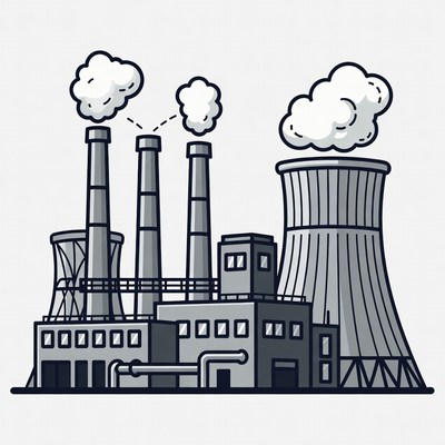 Factory with cooling towers and smoke