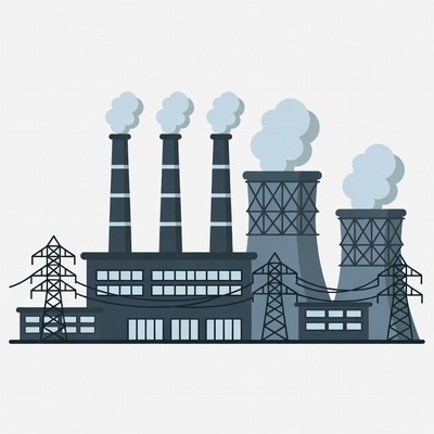 Factory with smokestacks and cooling towers