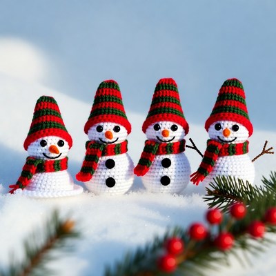 Snowman figures in winter scene