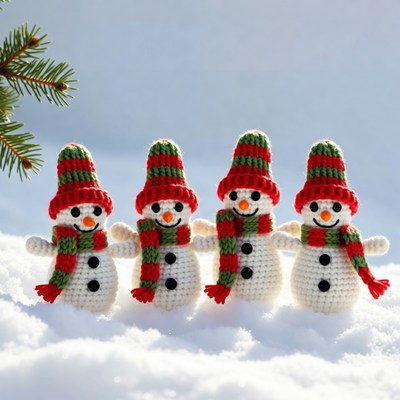 Snowmen in winter scene with trees