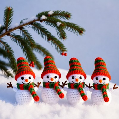 Four snowmen in winter scene