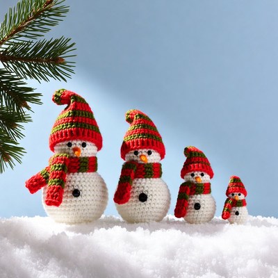 Snowmen made of yarn in winter scene