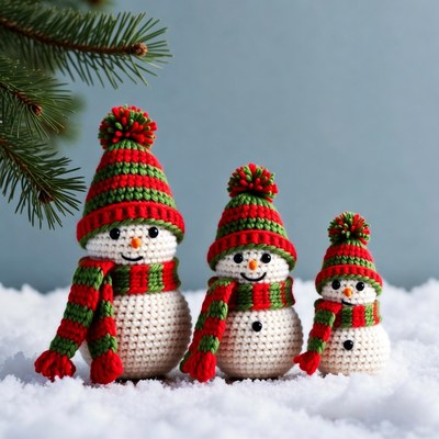 Snowmen made of yarn celebrate winter season
