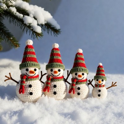 Four snowmen in winter setting