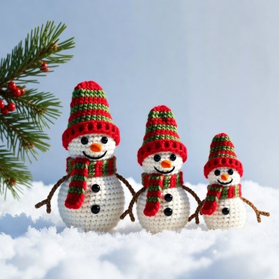 Crocheted snowmen in winter setting