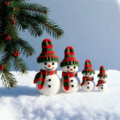 Crochet snowman family in winter scene
