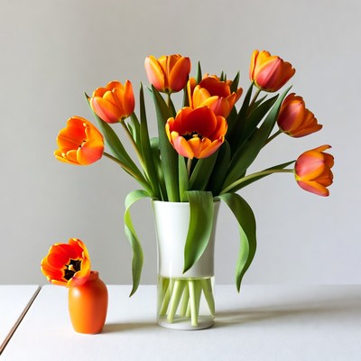 Vase with orange tulips on table