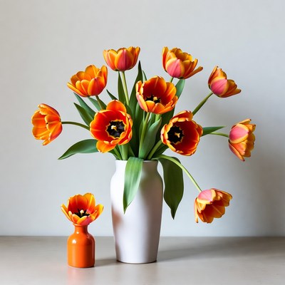 Bright orange tulips in vases