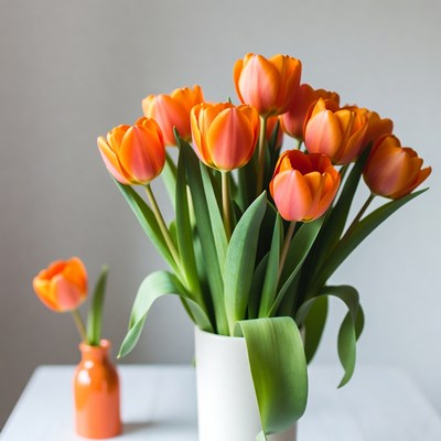 Bright tulips in a vase on table
