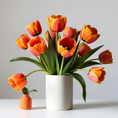 Bright tulips in vase on table