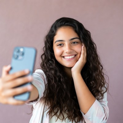 Young girl taking selfie in simple setting