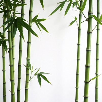 Bamboo stalks grow against white background