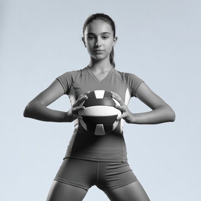 Young athlete holds volleyball in training
