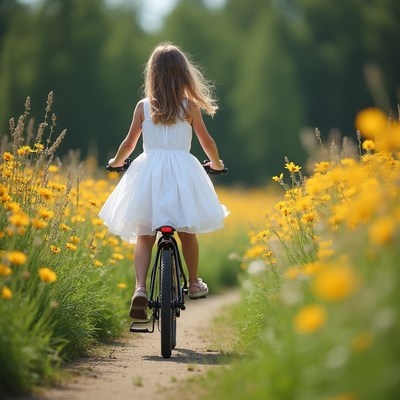 Girl rides bike on path with flowers