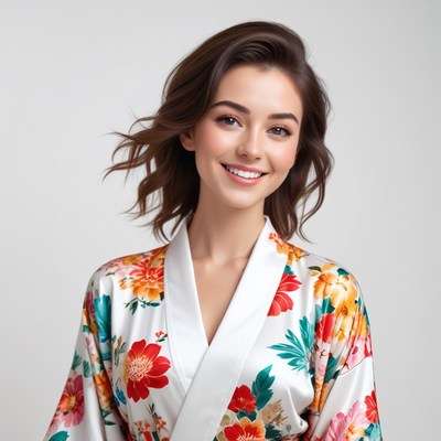 Woman in floral robe smiling indoors