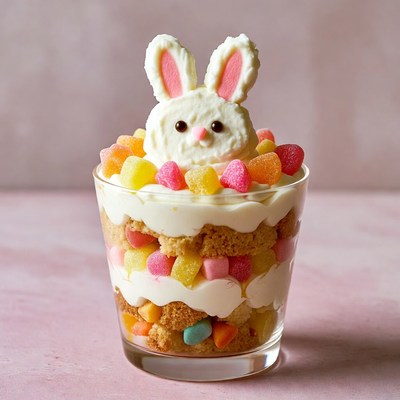 Layered dessert with bunny decoration