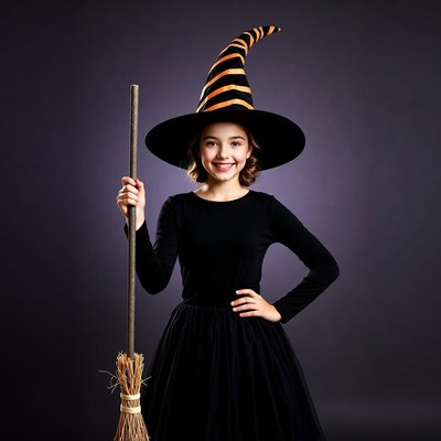 Young girl dressed as witch with broom