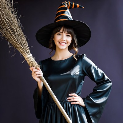 Witch with broomstick in costume