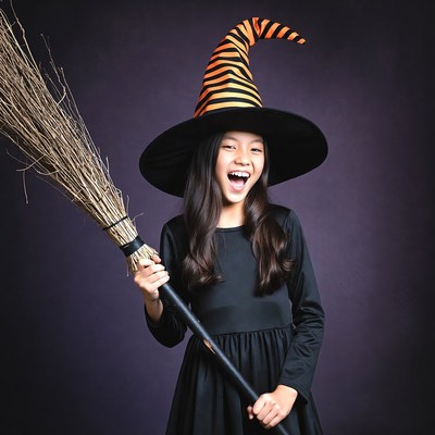 Girl in black dress with witch hat