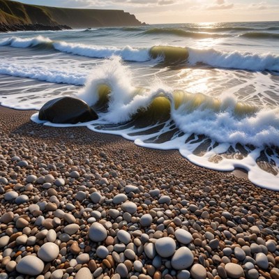 Waves crash on pebbled shore